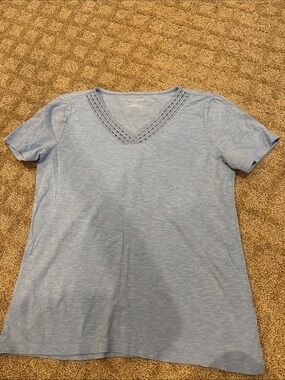 Talbots Sky Blue V-Neck Short Sleeve Top with Crochet Detail